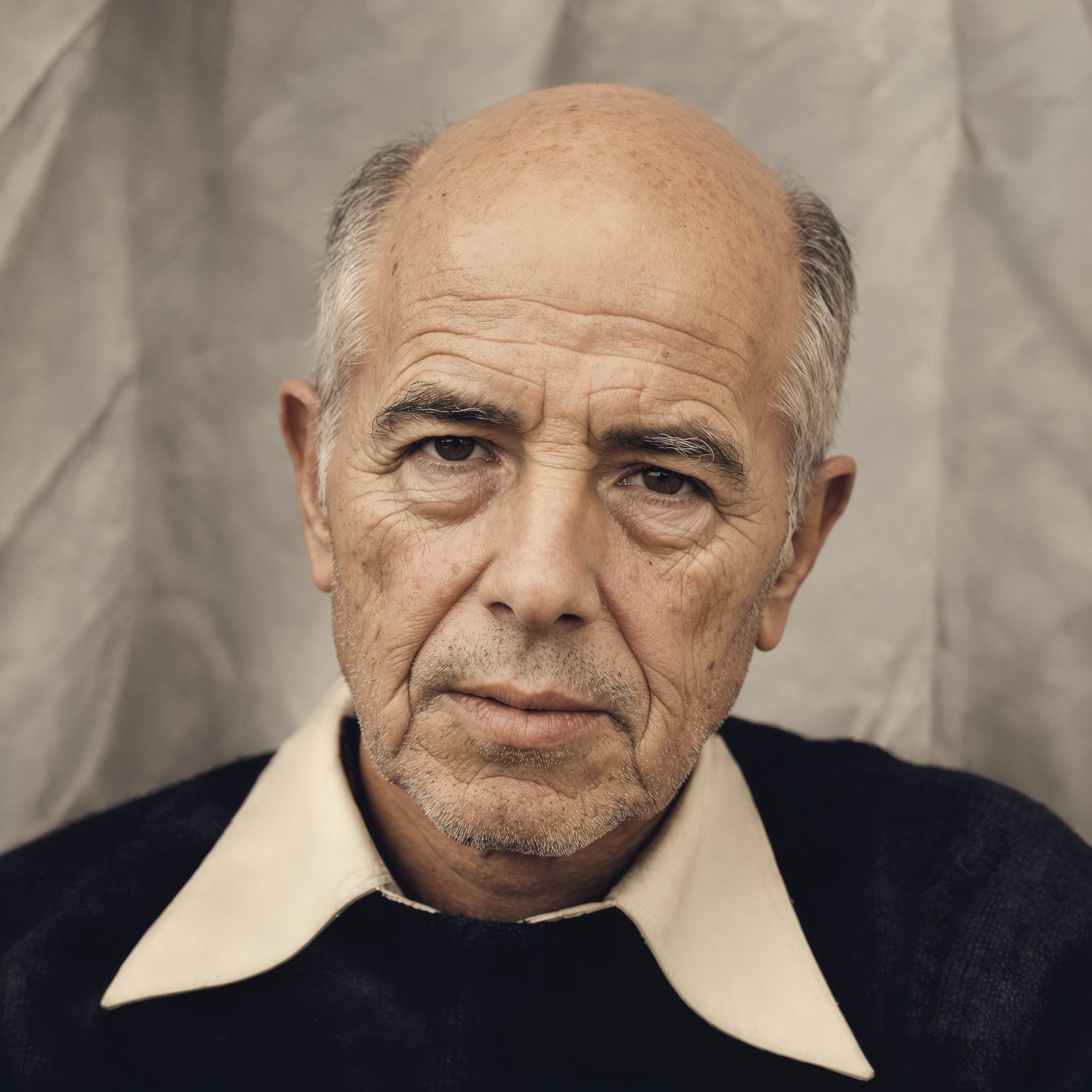 The same man aged forty years forward — grey at the temples, deep age lines, identity preserved across the transformation; face altered for publication
