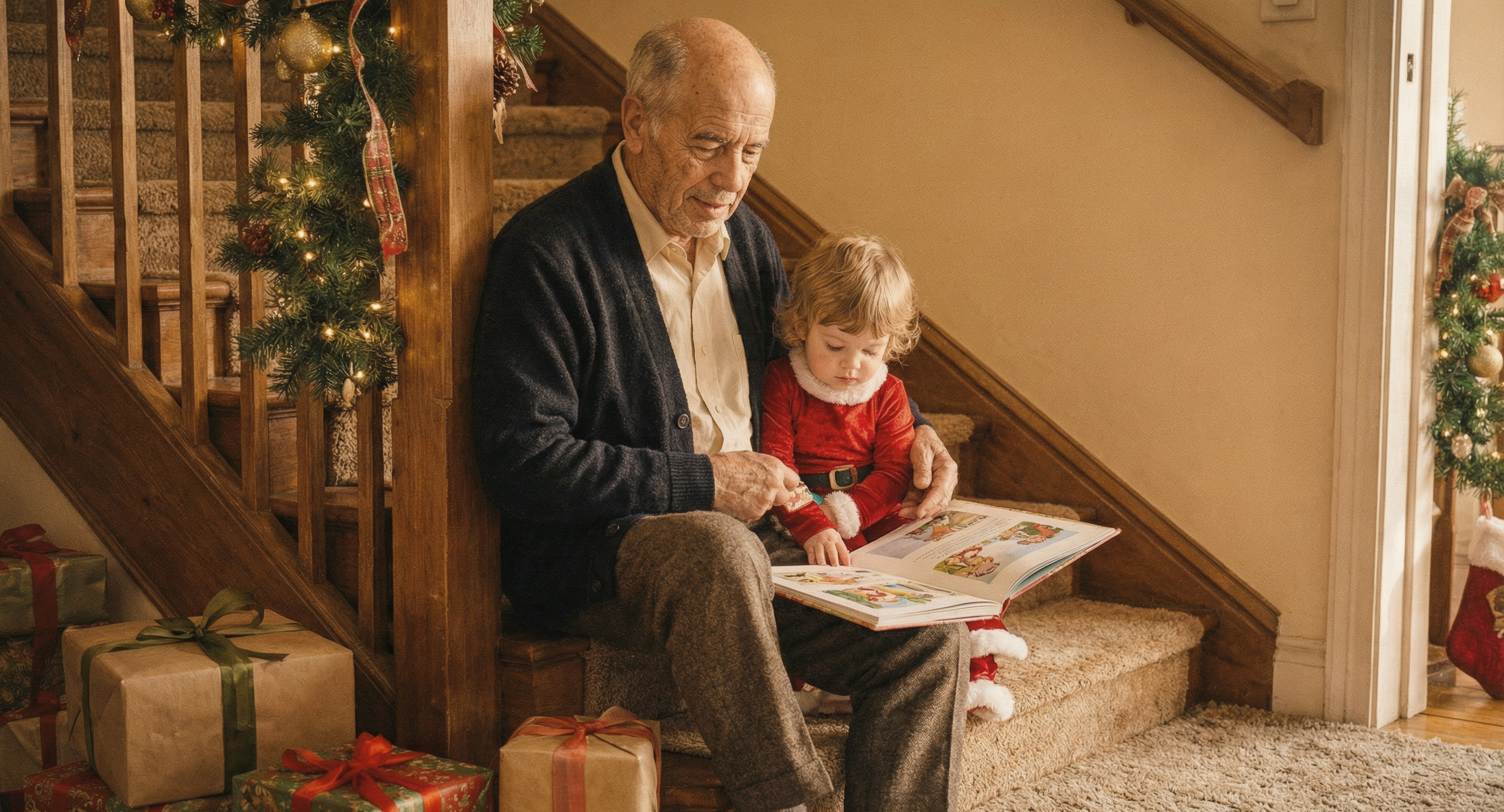 A generated photograph: an older man reading to a small child on a staircase, Christmas morning light. Faces altered for publication.